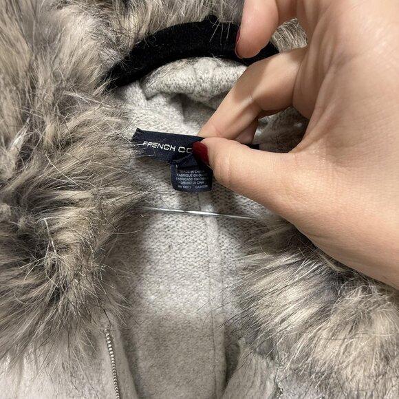 French Connection Jacket Womens Large Gray Zip Hooded Faux Fur Trim Poncho Cape - Picture 7 of 9